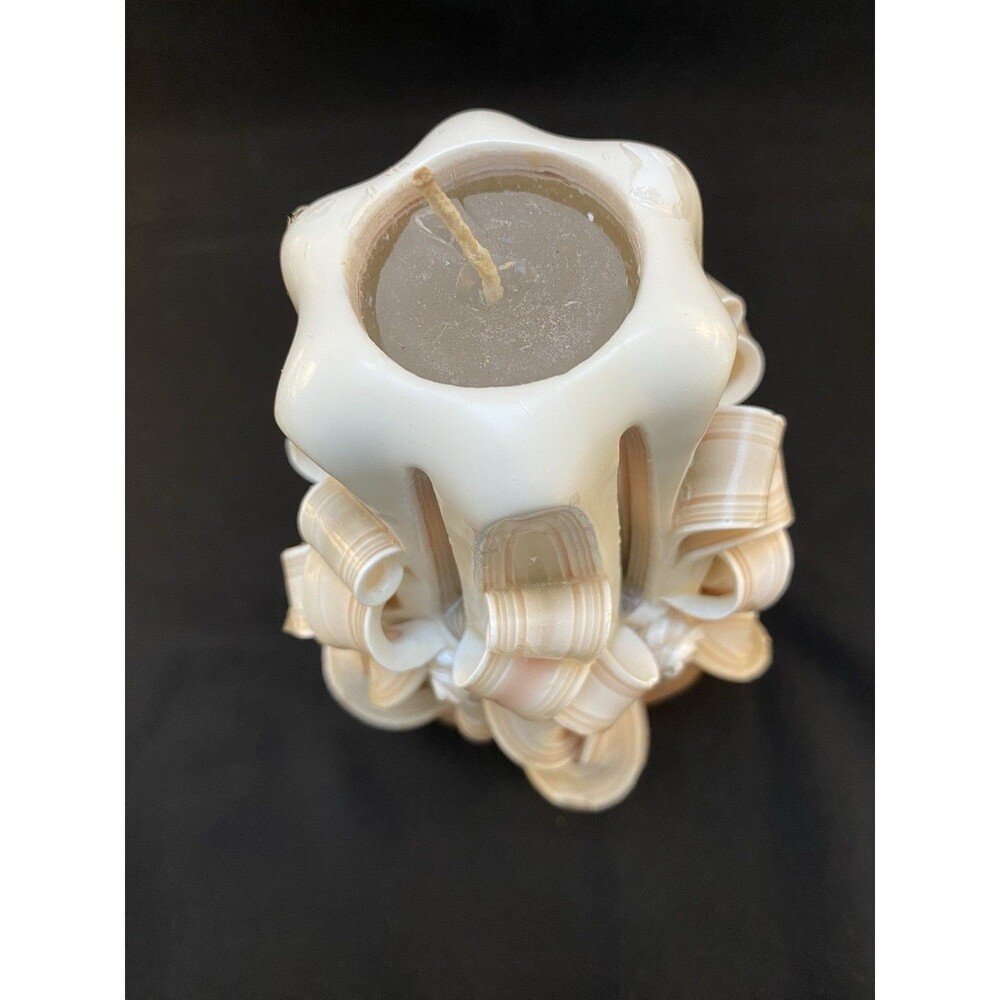 Vintage Hand Carved Ribbon Wax Pillar Artisan Rosettes Candle White Cream Blush - Picture 4 of 7